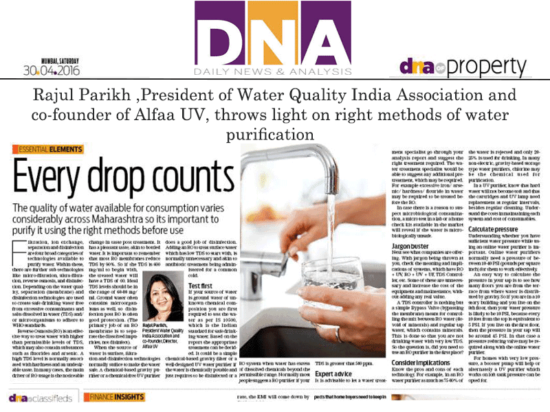 Rajul Parikh, President of Water Quality India Association and Co-founder of Alfaa UV , throws light on right methods of water purification